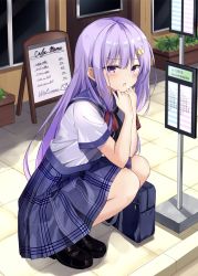 1girl, :o, alternate costume, bag, bangs, black footwear, blue skirt, blunt bangs, blush, building, commentary request, crescent, crescent hair ornament, eyebrows visible through hair, full body, hair ornament, hand on own chin, head rest, highres, hyurasan, loafers, long hair, looking at viewer, menu board, no hat, no headwear, outdoors, patchouli knowledge, plaid, plaid skirt, purple eyes, purple hair, red neckwear, revision, sailor collar, school bag, shirt, shoes, short hair, skirt, solo, squatting, tile floor, tiles, touhou, very long hair, white shirt, window