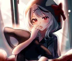 Rule 34 | 1girl, animal hood, bad id, bad twitter id, commentary request, doll, frq4 h, hair ornament, hololive, holox, hood, hugging doll, hugging object, open mouth, orca, orca hood, red eyes, red ribbon, ribbon, sakamata chloe, silver hair, solo, stuffed animal, stuffed toy, virtual youtuber, window, x hair ornament, yawning