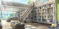 Rule 34 | absurdres, balcony, bean bag chair, book, book stack, bookshelf, bush, commission, counter, day, dimglow, drawing (object), highres, indoors, lens flare, library, no humans, original, plant, rug, scenery, stairs, table, tree, window, wooden floor