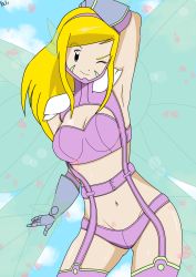 Rule 34 | 1girl, absurdres, armpits, arms up, artist name, belt, bikini, blonde hair, bra, breasts, butterfly hair ornament, butterfly wings, butterfly wings gauntlets, cleavage, cosplay, digimon, digimon frontier, facial mark, fairimon, fairimon (cosplay), gauntlets, gloves, green eyes, hair ornament, highres, insect wings, lingerie, medium breasts, metal gloves, navel, one eye closed, orimoto izumi, panties, petals, purple bikini, purple bra, purple panties, shoulder pads, smile, swimsuit, thighhighs, underwear, wings