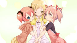 Rule 34 | 10s, 3girls, abe kanari, alternate costume, arm hug, blonde hair, blue eyes, blush, breasts, casual, charlotte (madoka magica), cleavage, hair ribbon, holding hands, hood, hoodie, jealous, kaname madoka, mahou shoujo madoka magica, mahou shoujo madoka magica (anime), multiple girls, official style, one eye closed, personification, pink eyes, pink hair, ribbon, small breasts, tomoe mami, twintails, wink, yellow eyes, yuri