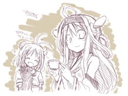 Rule 34 | 10s, 2girls, ^ ^, ahoge, bare shoulders, cup, double bun, closed eyes, kantai collection, kongou (kancolle), long hair, looking at viewer, multiple girls, naka (kancolle), nontraditional miko, open mouth, satou kibi, shooting star, short hair, smile, teacup, upper body, waving
