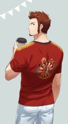 Rule 34 | 00047, 1boy, beard, blue eyes, brown hair, circus, commentary request, cup, drinking, epaulettes, facial hair, fate/grand order, fate (series), long sideburns, looking at viewer, male focus, napoleon bonaparte (fate), official alternate costume, pants, shirt, short sleeves, sideburns, simple background, solo, welcome to the travelling circus!