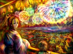 Rule 34 | blonde hair, festival, fireworks, japanese clothes, kimono, mother and son, smile, yellow eyes