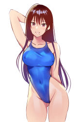 Rule 34 | 1girl, arm behind head, blue one-piece swimsuit, brown eyes, brown hair, collarbone, contrapposto, covered navel, cowboy shot, highleg, highleg swimsuit, long hair, looking at viewer, matsuda (matsukichi), one-piece swimsuit, original, parted lips, simple background, smile, solo, standing, swimsuit, white background