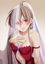 Rule 34 | 1girl, azur lane, blush, breasts, bridal veil, brown hair, clothing cutout, commentary request, dress, earrings, hair between eyes, hand on own chest, highres, jean bart (azur lane), jewelry, long hair, navel, navel cutout, red dress, red eyes, schreibe shura, small breasts, solo, strap slip, veil, very long hair