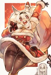 Rule 34 | 2girls, absurdres, alvis (last origin), bag, breasts, character request, christmas, cleavage, closed eyes, dress, female focus, hat, highres, huge breasts, jumping, larribee, last origin, multiple girls, open mouth, pantyhose, red dress, red eyes, santa hat, smile, standing, thick thighs, thighs, tongue, white hair, wide hips