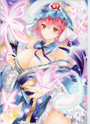 Rule 34 | absurdres, amore seven, black ribbon, blue bow, blue kimono, bow, breasts, bug, butterfly, cherry blossoms, cleavage, folding fan, frilled kimono, frills, ghost, hand fan, hat, highres, hitodama, huge filesize, insect, japanese clothes, jewelry, kimono, long sleeves, marker (medium), mob cap, obi, pink eyes, pink hair, ribbon, ring, saigyouji yuyuko, sash, short hair, solo, touhou, traditional media, triangular headpiece, wavy hair, wide sleeves