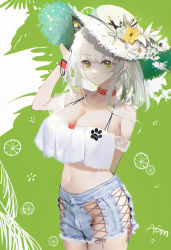 Rule 34 | 1girl, alternate costume, animal ear fluff, animal ears, arknights, arm behind back, arm up, artist name, bare shoulders, black ribbon, blue shorts, blunt bangs, breasts, cat ears, choker, cleavage, collarbone, cowboy shot, cutoffs, denim, denim shorts, flower, green background, green eyes, groin, hand on headwear, hat, hat flower, hibiscus, highres, kal&#039;tsit (arknights), large breasts, long hair, looking at viewer, navel, no panties, omone hokoma agm, red choker, ribbon, short shorts, shorts, signature, silver hair, solo, stomach, straw hat, sun hat, two-tone background, white flower, white hat, wristband, yellow flower
