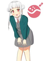 Rule 34 | 1girl, arashi chisato, artist name, artist request, bare legs, belt, blue cardigan, blue jacket, blush, bow, bowtie, breasts, buttons, cardigan, collared shirt, cropped jacket, double bun, dress, dress shirt, female focus, grey belt, grey shirt, grey skirt, hair bun, hair over shoulder, hair tie, hands on own knees, highres, jacket, long hair, long sleeves, looking at viewer, love live!, love live! superstar!!, miniskirt, nail, nail polish, neck ribbon, o-ring, o-ring belt, parted lips, pink nails, plaid, plaid skirt, pleated, pleated skirt, red bow, red eyes, red ribbon, ribbon, school uniform, shirt, skirt, small breasts, smile, solo, twintails, white background, white hair, white shirt, wing collar, yuigaoka school uniform