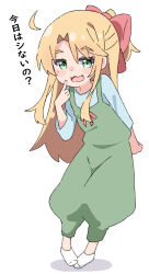 Rule 34 | 1girl, :d, ahoge, ankle socks, blonde hair, blue shirt, blush stickers, bow, commentary request, dress, full body, green dress, green eyes, hair between eyes, hair bow, hand up, highres, himesaka noa, kapuru 0410, long hair, long sleeves, looking at viewer, no shoes, open mouth, parted bangs, pigeon-toed, ponytail, red bow, shadow, shirt, simple background, sleeveless, sleeveless dress, smile, socks, solo, thick eyebrows, translation request, very long hair, watashi ni tenshi ga maiorita!, white background, white socks