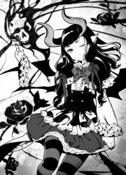 Rule 34 | 1girl, aomusi86, bad id, bad pixiv id, black flower, black rose, bow, brooch, demon girl, dress, flower, greyscale, hair bow, hair ribbon, horns, jewelry, long hair, long sleeves, monochrome, one eye closed, pantyhose, ribbon, rose, scar, skull, slit pupils, solo, striped clothes, striped pantyhose, wings