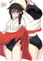 Rule 34 | 1girl, :o, absurdres, alternate costume, black hair, black one-piece swimsuit, blue eyes, blush, braid, breasts, clothes lift, hair flaps, hair over shoulder, hair ribbon, hakama, hakama lift, hakama skirt, highres, japanese clothes, kantai collection, large breasts, lifted by self, looking at viewer, miko, multiple views, noruren, one-piece swimsuit, red hakama, ribbon, shigure (kancolle), signature, skirt, swimsuit