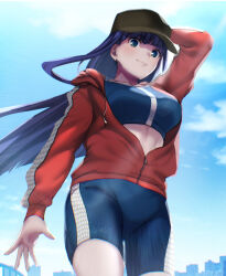 Rule 34 | 1girl, aoba (smartbeat), baseball cap, bike shorts, black hat, black shorts, black sports bra, blue eyes, blue sky, breasts, closed mouth, collarbone, drawstring, fate/grand order, fate (series), hat, highres, jacket, large breasts, long hair, long sleeves, looking at viewer, martha (fate), martha (under the same sky) (fate), purple hair, red jacket, shorts, sky, smile, solo, sports bra, thighs