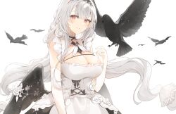 Rule 34 | 1girl, absurdres, azur lane, bird, black feathers, black headwear, blush, breasts, cleavage, cross-shaped pupils, dress, elbow gloves, feathers, frilled dress, frills, gloves, grey hair, hair ornament, highres, large breasts, long hair, looking at viewer, low wings, maid, maid headdress, red eyes, rin (yukameiko), scylla (azur lane), smile, symbol-shaped pupils, white background, white hair, wings