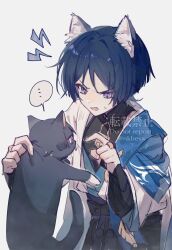 Rule 34 | ..., 2boys, animal ears, black fur, black hair, cat boy, cat ears, dual persona, genshin impact, grey background, highres, japanese clothes, long sleeves, looking at another, multiple boys, nakaba (mode), open mouth, purple eyes, scaramouche (cat) (genshin impact), scaramouche (genshin impact), signature, speech bubble, sweat, wanderer (genshin impact)