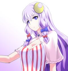 Rule 34 | 1girl, breasts, capelet, cleavage, crescent, crescent hair ornament, dress, female focus, gradient background, hair ornament, hair ribbon, iwatobi hiro, large breasts, long hair, patchouli knowledge, purple eyes, purple hair, ribbon, solo, striped clothes, striped dress, touhou, tress ribbon, upper body