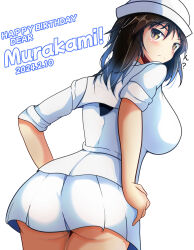 Rule 34 | 1girl, absurdres, ass, black hair, blush, breasts, brown eyes, closed mouth, dated, dress, girls und panzer, hands on own hips, happy birthday, hat, highres, kumaisao, large breasts, long hair, looking at viewer, looking back, microskirt, military uniform, murakami (girls und panzer), sailor dress, simple background, skirt, solo, uniform, white background