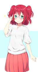 Rule 34 | 10s, 1girl, alternate costume, arm at side, arm up, bad id, bad pixiv id, bespectacled, blush, casual, clare (puyo2), closed mouth, glasses, green eyes, highres, kurosawa ruby, looking at viewer, love live!, love live! school idol festival, love live! sunshine!!, medium hair, medium skirt, multicolored background, pink-framed eyewear, pink skirt, pleated skirt, puffy short sleeves, puffy sleeves, red hair, salute, semi-rimless eyewear, shirt, short sleeves, skirt, smile, solo, sparkle, standing, twintails, two-tone background, two side up, under-rim eyewear, white shirt