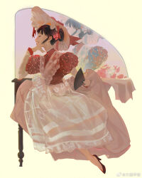 Rule 34 | 1girl, black hair, black nails, bonnet, chinese commentary, closed eyes, daxing jia quan, dress, earrings, elbow rest, floral print, flower, grin, hair bun, hair flower, hair ornament, hand fan, hand on own chin, hand up, head rest, high heels, highres, holding, holding fan, jewelry, juliet sleeves, long sleeves, mirror, original, paper fan, pink flower, profile, puffy sleeves, red dress, red footwear, reflection, simple background, single sidelock, sitting, smile, solo, stud earrings, two-tone dress, vase, victorian, weibo logo, weibo username, white dress, yellow background