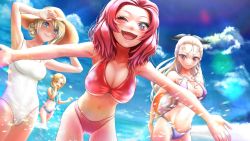 Rule 34 | 4girls, arms up, assam (girls und panzer), bad id, bad pixiv id, ball, beachball, bikini, black ribbon, blonde hair, blue bikini, blue eyes, blue sky, braid, breasts, brown headwear, closed mouth, cloud, cloudy sky, commentary request, criss-cross halter, darjeeling (girls und panzer), day, frilled bikini, frills, girls und panzer, hair pulled back, hair ribbon, halterneck, hand on own face, hat, highres, holding, holding ball, large breasts, leaning forward, long hair, looking at viewer, medium hair, multiple girls, nabe puyo, navel, ocean, one-piece swimsuit, one eye closed, open mouth, orange hair, orange pekoe (girls und panzer), outdoors, parted bangs, partial commentary, purple bikini, red bikini, red eyes, red hair, ribbon, rosehip (girls und panzer), shading eyes, short hair, sky, smile, splashing, standing, straw hat, sun hat, swimsuit, thighs, twin braids, wading, white one-piece swimsuit