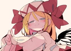 Rule 34 | 1girl, blonde hair, blue eyes, bow, breasts, clothes pull, half-closed eyes, hat, hat bow, lily white, long hair, long sleeves, looking at viewer, massakasama, medium breasts, pointy hat, pulled by self, red bow, simple background, smile, solo, touhou, white background, white hat