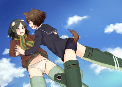 Rule 34 | 2girls, absurdres, animal ears, ass, azu (yamahasu1245), blush, brave witches, breasts, brown hair, brown jacket, cloud, day, dog ears, flying, green eyes, green hair, hair ornament, hairclip, highres, holding hands, jacket, kanno naoe, karibuchi hikari, looking at another, military, military uniform, multiple girls, navel, open mouth, panties, scarf, short hair, sky, small breasts, smile, squirrel ears, squirrel tail, striker unit, swimsuit, tail, teeth, tongue, underwear, uniform, upper teeth only, white panties, world witches series, yuri