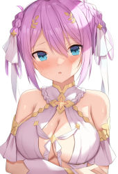 Rule 34 | 1girl, :o, arm under breasts, bad id, bad pixiv id, bare shoulders, blue eyes, blush, breasts, cleavage, criss-cross halter, detached sleeves, hair ornament, hair rings, halterneck, highres, large breasts, looking at viewer, pink hair, princess connect!, raru0310, short hair, sidelocks, simple background, solo, white background, yui (ceremonial) (princess connect!), yui (princess connect!)