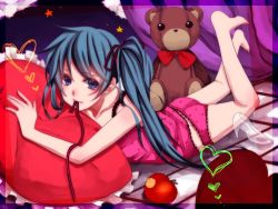 Rule 34 | 1girl, apple, aqua hair, bare legs, barefoot, blue eyes, camisole, cushion, food, fruit, hair ribbon, hatsune miku, looking at viewer, lying, maka, mouth hold, on stomach, panties, ribbon, romeo to cinderella (vocaloid), solo, stuffed animal, stuffed toy, teddy bear, underwear, vocaloid