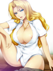 Rule 34 | 1girl, annoyed, areola slip, bare legs, between breasts, bleach, blonde hair, blue eyes, breasts, cleavage, collarbone, collared shirt, covered erect nipples, female focus, gradient background, hairu, jewelry, large breasts, legs, light smile, long hair, looking at viewer, matsumoto rangiku, mole, mole under mouth, necklace, nipples, no bra, panties, parted lips, school uniform, shiny skin, shirt, short sleeves, simple background, sitting, skirt, unworn skirt, smile, solo, teasing, thighs, unbuttoned, underwear, white background, white panties