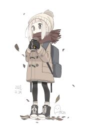 Rule 34 | 1girl, absurdres, aida (aidia), autumn, autumn leaves, backpack, bag, beanie, black bag, black eyes, black footwear, black gloves, black pantyhose, blonde hair, blunt bangs, breath, bright pupils, brown coat, brown scarf, can, canned coffee, coat, commentary request, dated, drink, drink can, falling leaves, full body, gloves, hat, highres, holding, holding can, holding drink, leaf, long hair, long sleeves, looking ahead, original, pantyhose, parted lips, pigeon-toed, pom pom (clothes), pom pom beanie, ribbed socks, scarf, shoes, shorts, signature, simple background, socks, socks over pantyhose, solo, standing, sweater, white background, white hat, white pupils, white shorts, white socks, white sweater, winter clothes, winter coat