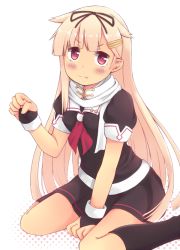Rule 34 | &gt;:3, 10s, 1girl, :3, bad id, bad pixiv id, between legs, black gloves, black skirt, black socks, blonde hair, blouse, blush, clenched hands, fang, fingerless gloves, gloves, hair flaps, hair ornament, hair ribbon, hairclip, hand between legs, kantai collection, kneehighs, long hair, looking at viewer, mrisk, multiple girls, neckerchief, pleated skirt, red eyes, red neckerchief, ribbon, sailor collar, scarf, school uniform, serafuku, shirt, simple background, sitting, skirt, socks, solo, v-shaped eyebrows, very long hair, wariza, white background, white scarf, yuudachi (kancolle), yuudachi kai ni (kancolle)