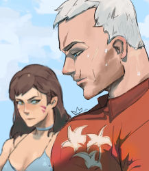 Rule 34 | 1boy, 1girl, absurdres, bara, blurry, blurry background, facial scar, from side, girl staring at guy&#039;s chest (meme), hawaiian shirt, highres, looking at another, male focus, mature male, meme, muscle envy, muscular, muscular male, old, old man, overwatch, overwatch 1, pectoral focus, pectorals, red shirt, scar, scar on cheek, scar on face, scar on forehead, shirt, short hair, soldier: 76 (overwatch), solo focus, unfinished, upper body, wet, white hair, yangtuokawayi