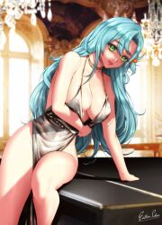 Rule 34 | 1girl, alternate costume, aqua hair, bare arms, bare shoulders, bow, breasts, chandelier, chloe (fire emblem), cleavage, commentary request, dress, esther shen, fire emblem, fire emblem engage, green eyes, grey dress, hair bow, indoors, large breasts, long hair, looking at viewer, nintendo, orange bow, parted lips, sitting, sleeveless, sleeveless dress, smile, solo, thighs, very long hair