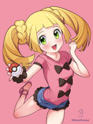 Rule 34 | 1girl, blonde hair, blue shorts, blush, bow, clenched hand, commentary request, cosplay, creatures (company), eyelashes, game freak, green eyes, highres, holding, holding poke ball, kinocopro, leg up, lillie (pokemon), looking at viewer, lower teeth only, nintendo, open mouth, pink background, pink footwear, pink shirt, poke ball, poke ball (basic), pokemon, pokemon sm, pokemon xy, shauna (pokemon) (cosplay), shirt, shoes, short sleeves, shorts, simple background, solo, teeth, tongue, twintails, twitter username, watermark, wrist cuffs