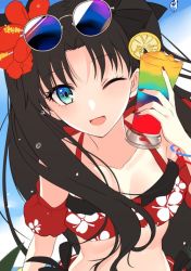 Rule 34 | 1girl, ;d, arm strap, bikini, bikini top only, black bow, black hair, blue-tinted eyewear, blue eyes, bow, breasts, cleavage, collarbone, cup, day, eyewear on head, fate/stay night, fate (series), floating hair, floral print, flower, hair bow, hair flower, hair ornament, hibiscus, holding, holding cup, long hair, looking at viewer, one eye closed, open mouth, outdoors, print bikini, print bikini top, red bikini, red flower, small breasts, smile, solo, sunglasses, swimsuit, tinted eyewear, tohsaka rin, upper body, very long hair, yaoshi jun