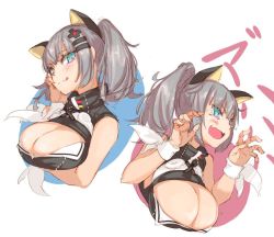 Rule 34 | :q, animal ears, aqua eyes, bare arms, breasts, cat ears, claw pose, cleavage, cleavage cutout, clothing cutout, commentary request, fang, flying teardrops, grey hair, high collar, kachua (kachua l), kaguya luna, large breasts, looking at viewer, obi, sash, simple background, sketch, tears, text focus, the moon studio, tongue, tongue out, virtual youtuber