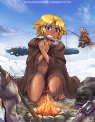 Rule 34 | 1boy, barefoot, black hair, blanket, blonde hair, blue eyes, blue sky, blush, boots, breath, campfire, camping, cape, chair, clenched teeth, clothed male nude female, cloud, cloudy sky, coat, cold, collarbone, commentary, commentary request, convenient censoring, covering privates, dark skin, day, detailed knuckles, dirt, dripping, drying, drying clothes, english commentary, feet, fishing, fishing rod, footprints, frozen lake, fur blanket, fur cape, fur trim, gloves, holding, holding fishing rod, ice fishing, kneeling, lake, maxa&#039;, medium hair, mountainous horizon, multicolored hair, navel, nude, nude cover, patreon username, red coat, red nose, reflection, sack, shadow, shiny skin, short hair, shoulder pads, shouting, sky, spread toes, stick, tan, teeth, tild - mage a louer, tild framith, tiptoes, toenails, toes, tomboy, tongue, two-tone hair, vambraces, warming, watermark, web address, wet, white hair