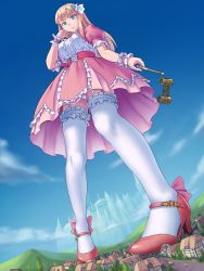 Rule 34 | 1girl, 2others, :s, ankle bow, ankle ribbon, aoigai, aqua eyes, binoculars, blonde hair, bow, breasts, cart, center frills, cloud, commentary request, day, destruction, frilled legwear, frills, from below, garter straps, giant, giantess, hair ribbon, hand on own cheek, hand on own face, high heels, highres, holding, holding binoculars, horse, house, leg ribbon, long hair, mary janes, multiple others, original, panties, pantyshot, pink bow, princess, pullcart, red footwear, ribbon, shoes, size difference, sky, solo focus, standing, underbust, underwear, white frills, white legwear, white panties, white ribbon, frilled wristband