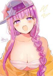 Rule 34 | 1girl, :o, absurdres, bad id, bad pixiv id, bare shoulders, baseball cap, bb (fate), bb (fate) (all), bb (swimsuit mooncancer) (fate), bb (swimsuit mooncancer) (first ascension) (fate), blush, braid, breasts, cleavage, collarbone, commentary request, fate/grand order, fate (series), hat, head tilt, highres, jacket, large breasts, lightning bolt symbol, long hair, off shoulder, open mouth, purple eyes, purple hair, sideways hat, simple background, sofra, solo, star (symbol), teeth, upper body, upper teeth only, very long hair, white background, white hat, yellow jacket