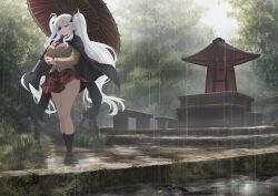 Rule 34 | 1girl, ankle socks, bench, black cape, breasts, cape, closed mouth, eyepatch, forest, highres, large breasts, long hair, looking at viewer, nature, necktie, oil-paper umbrella, outdoors, plant, pleated skirt, rain, red eyes, red necktie, scenery, school uniform, senran kagura, shrine, shuriken, skirt, socks, stone floor, syn (synstyle), tree, twintails, umbrella, wavy hair, weapon, white hair, yagyu (senran kagura)