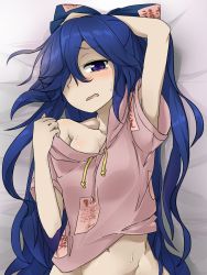 Rule 34 | 1girl, arm up, armpits, bed sheet, blue bow, blue eyes, blue hair, blush, bow, breasts, cleavage, collarbone, commentary request, debt, drawstring, grey hoodie, groin, hair between eyes, hair bow, hair over one eye, hand up, hood, hoodie, long hair, looking at viewer, lying, medium breasts, midriff peek, navel, off shoulder, on back, open mouth, out-of-frame censoring, shadow, short sleeves, solo, stomach, sweat, touhou, tyouseki, upper body, very long hair, yorigami shion