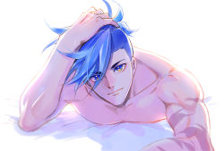 Rule 34 | 1boy, asymmetrical hair, bhh4321, blue eyes, blue hair, galo thymos, looking at viewer, lying, male focus, on bed, on stomach, pov, promare, sidecut, simple background, smile, solo, spiked hair, topless male, undercut, white background