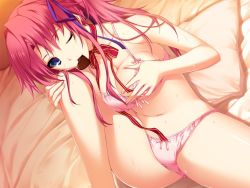 Rule 34 | 1girl, amagase yuuki, bed, blue eyes, blush, bra, grabbing another&#039;s breast, breasts, chocolate, game cg, grabbing, iizuki tasuku, large breasts, leg up, legs, long hair, looking at viewer, lovely x cation, mouth hold, panties, pillow, pink hair, sitting, solo, sweat, thighs, underwear, wink