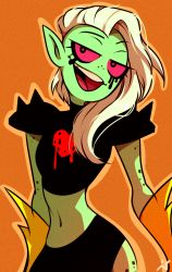 Rule 34 | 1girl, :d, armor, colored sclera, colored skin, cowboy shot, crop top, gloves, green skin, head tilt, heart, illogicalvoid, looking at viewer, lord dominator, navel, open mouth, orange background, pauldrons, pink sclera, pointy ears, round teeth, shoulder armor, shoulder spikes, side slit, signature, skirt, smile, solo, spikes, teeth, undercut, wander over yonder, white hair
