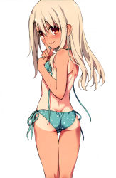 Rule 34 | 1girl, absurdres, ass, back, bikini, blonde hair, blue bikini, blush, breasts, butt crack, fate/kaleid liner prisma illya, fate (series), finger to mouth, from behind, hair between eyes, hand on own chest, highres, hiroyama hiroshi, illyasviel von einzbern, long hair, looking back, official alternate costume, official art, one-piece tan, print bikini, red eyes, scan, side-tie bikini bottom, simple background, small breasts, smile, solo, swimsuit, tan, tanline, thigh gap, trefoil, untied bikini, white background