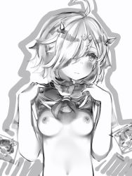 Rule 34 | + +, 1girl, ahoge, bad id, bad pixiv id, blush, breasts, chibi, chibi inset, closed mouth, clothes lift, greyscale, hair over one eye, hands up, highres, horns, lifted by self, mahjong soul, medium breasts, monochrome, nanashi (nlo), neckerchief, nipples, one eye covered, outline, shirt lift, short hair, solo, suzumiya anju, translation request