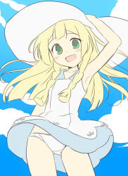 1girl :d arm_up armpits blonde_hair blue_sky blush braid clothes_lift cloud commentary cowboy_shot creatures_(company) curakuru double-parted_bangs dress dress_lift duplicate game_freak gluteal_fold green_eyes hand_on_headwear hat highres lillie_(pokemon) long_hair looking_at_viewer low_twin_braids nintendo open_mouth outdoors panties pantyshot pokemon pokemon_sm short_dress sidelocks sky sleeveless sleeveless_dress smile solo twin_braids underwear white_hat white_panties wind wind_lift