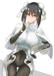 Rule 34 | 1girl, absurdres, black hair, bodysuit, breasts, bun cover, capelet, covered navel, cowboy shot, double bun, eyes visible through hair, fate/grand order, fate (series), fingerless gloves, gloves, green eyes, hair between eyes, hair bun, highres, index finger raised, large breasts, negi seijin, qin liangyu (fate), solo, thigh gap, white background