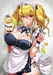 Rule 34 | 1girl, apron, blonde hair, blush, breasts, cup, earrings, food, food on body, food on breasts, fruit, holding, holding cup, holding spoon, ice cream, jewelry, large breasts, long hair, looking at viewer, maid, maid headdress, mole, mole under eye, mole under mouth, open mouth, original, panties, pink eyes, side-tie panties, sidelocks, solo, spoon, stud earrings, sundae, twintails, underwear, wrist cuffs, yanyo (ogino atsuki)